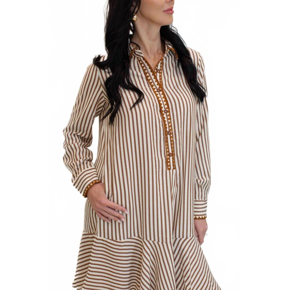 NEW LA SOCIETY striped embroidered trim ruffle mini dress in brown - Picture 2 of 2